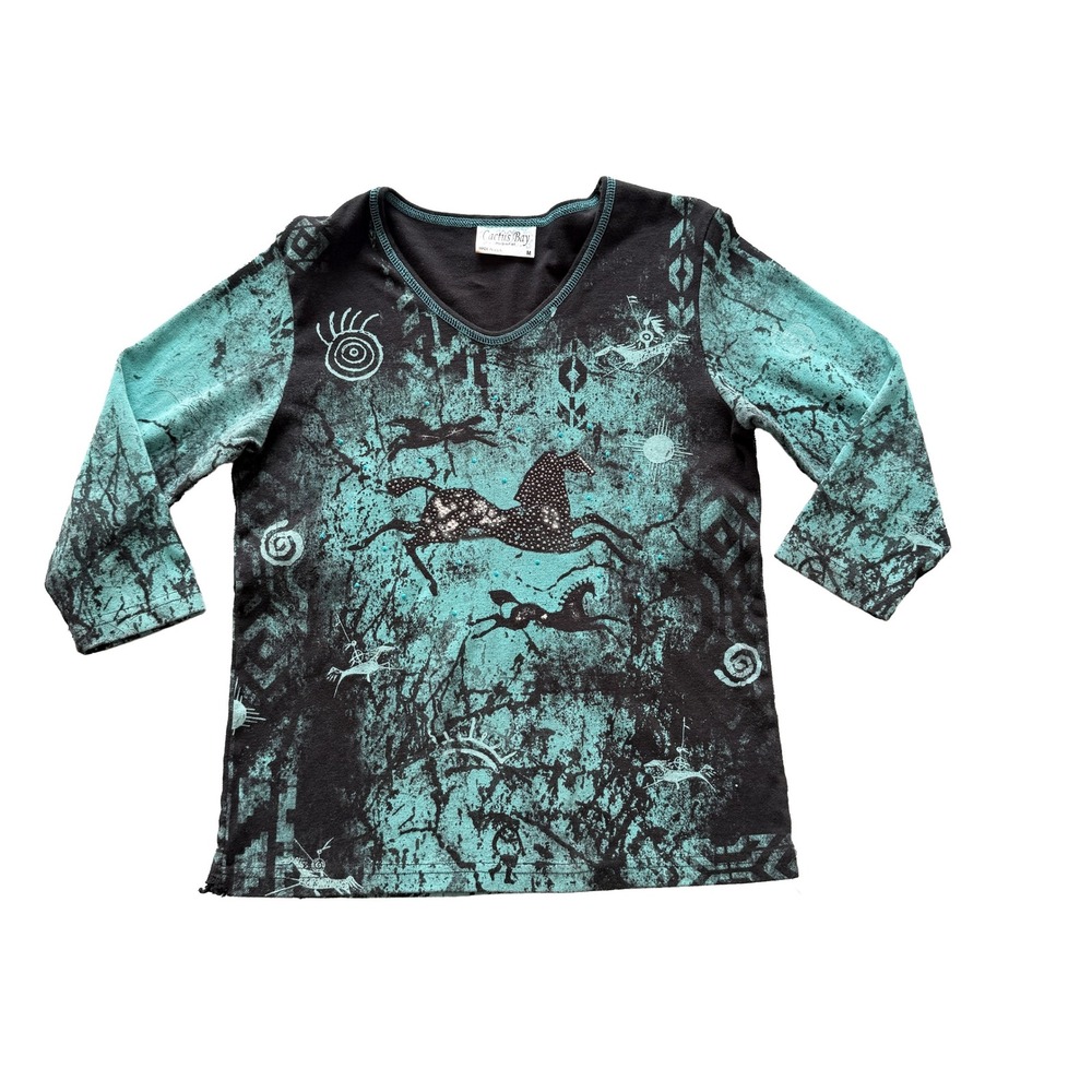 Cactus Bay Petroglyph Top M Turquoise Black Horse Rhinestone Southwestern